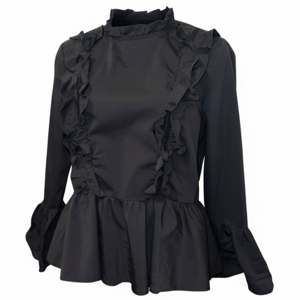 Amaryllis Black Ruffle Eyelet Babydoll Zip Up Fairy Whimsigoth Blouse Size M/L